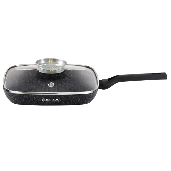 Herzog HR-2613: 28 cm große Grillpfanne mit Deckel mit Aromaknopf
