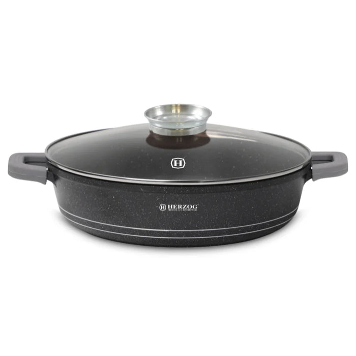 Herzog HR-5213: 32 cm flacher Schmortopf mit Marmorbeschichtung und aromatischem Knopf – 6,1 l