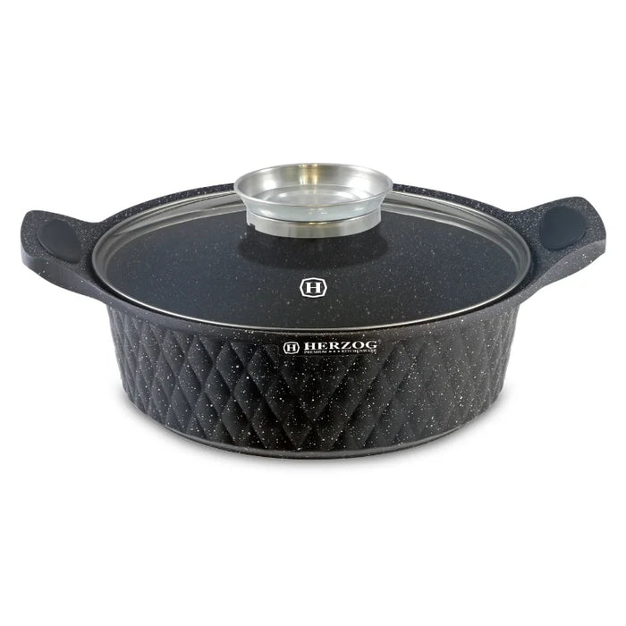 Herzog HR-5220: 28 cm flacher Kochtopf mit Marmorbeschichtung und Diamantmuster und aromatischem Knopf – 4 l