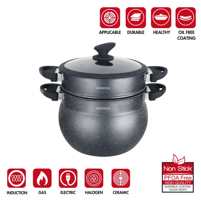Herzog HR-2006: Couscous-Topf mit schwarzer Steinbeschichtung – 5 l
