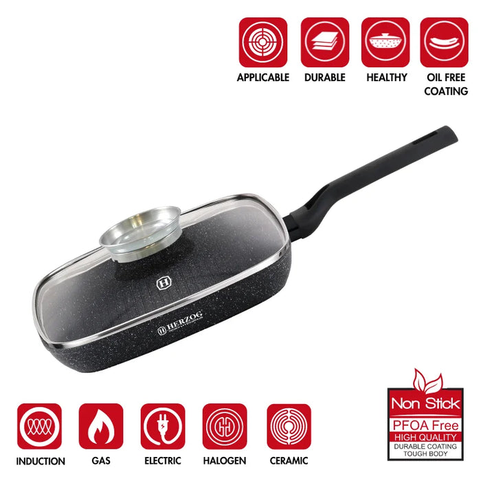 Herzog HR-2613: 28 cm große Grillpfanne mit Deckel mit Aromaknopf
