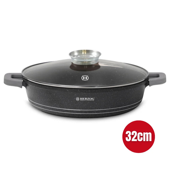 Herzog HR-5213: 32 cm flacher Schmortopf mit Marmorbeschichtung und aromatischem Knopf – 6,1 l