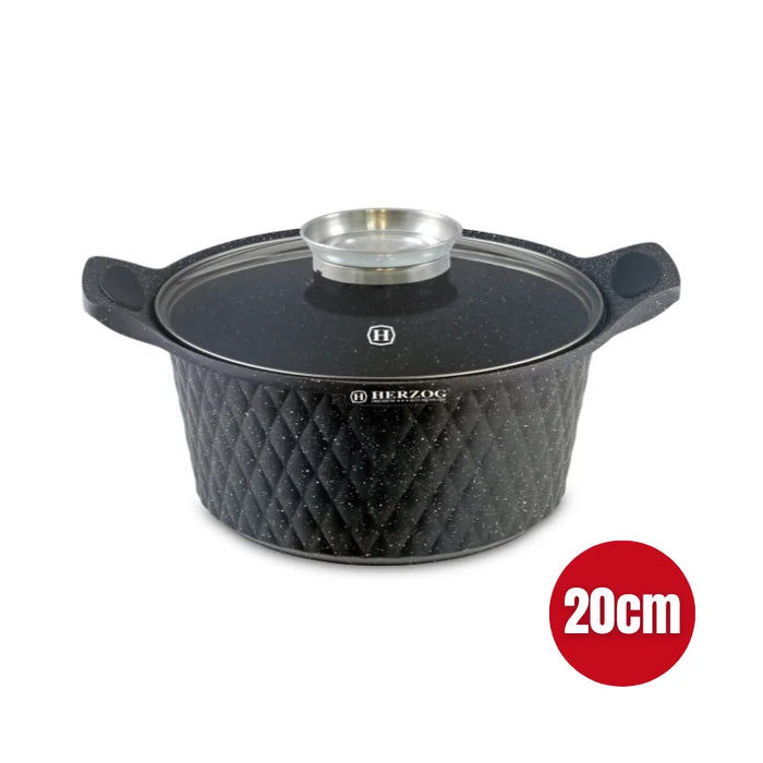 Herzog HR-5216: 20 cm Diamant-Design-Kasserolle mit Marmorbeschichtung und Aromaknopf – 2,4 l