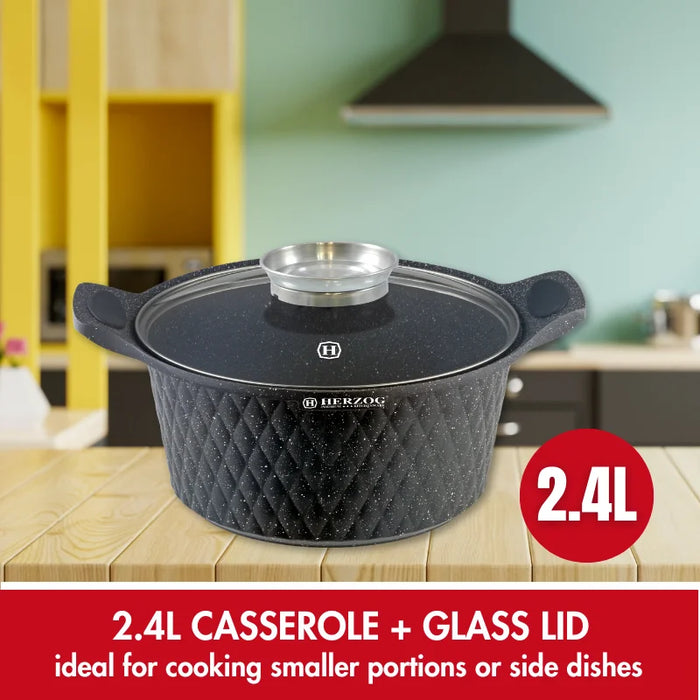 Herzog HR-5216: 20 cm Diamant-Design-Kasserolle mit Marmorbeschichtung und Aromaknopf – 2,4 l