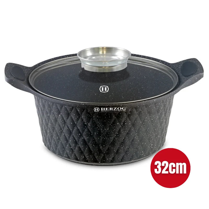 Herzog HR-5219: 32 cm großer, marmorbeschichteter Kochtopf im Diamond Design mit Aromaknopf – 9,7 l