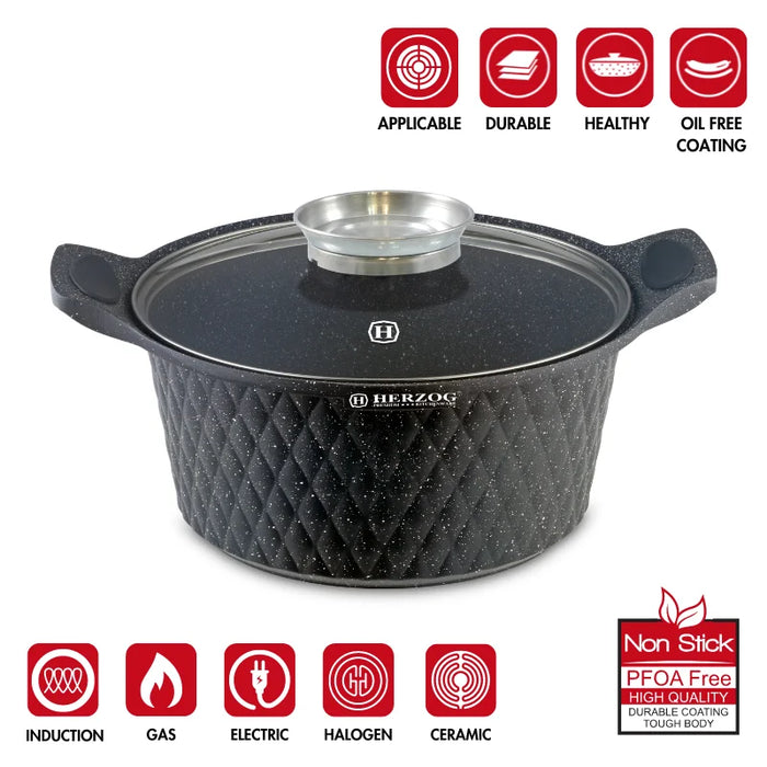 Herzog HR-5219: 32 cm großer, marmorbeschichteter Kochtopf im Diamond Design mit Aromaknopf – 9,7 l