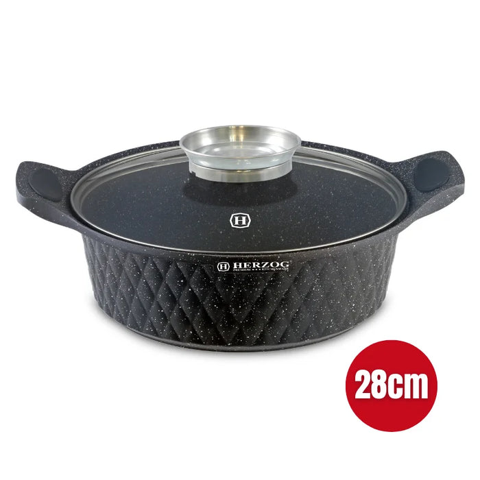 Herzog HR-5220: 28 cm flacher Kochtopf mit Marmorbeschichtung und Diamantmuster und aromatischem Knopf – 4 l