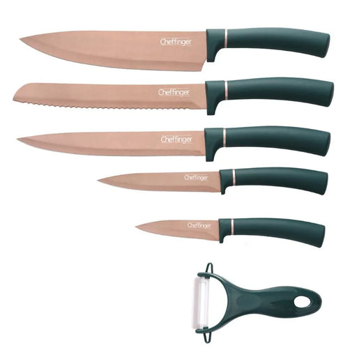 Cheffinger CF-MB10: Juego de Cuchillos 6 Piezas Recubierto de Mármol - Colección Oro Titanio + Verde -Bronmart