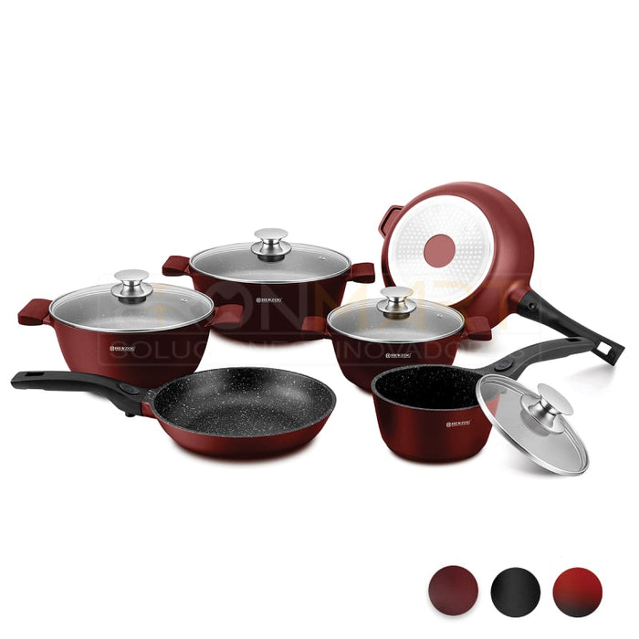 Baterías de Cocina Inducción Antiadherente con Boquillas, Juego de Cocina de Aluminio Reforzado sin PFOA, Apta Para Todo Tipo de Cocinas, 12 piezas, Cobre, Bronce,bronmart.ES