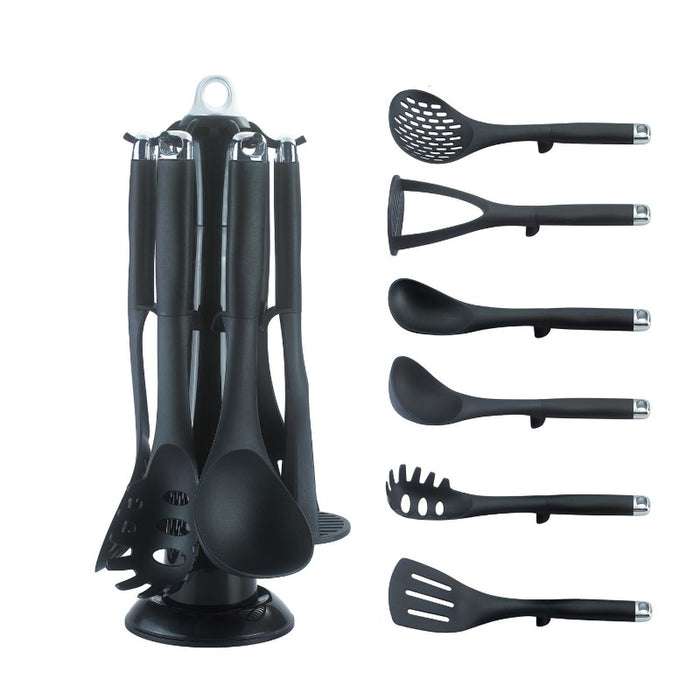 Juego de utensilios de cocina de 7 piezas con base de almacenamiento en color negro,utensilios para cocinar, utensilios para pasta, utensilios de cocina, juegos de utensilios, utensilios cocina, utensilios, rallador, mandolina cocina, espumadera, rallador de queso,