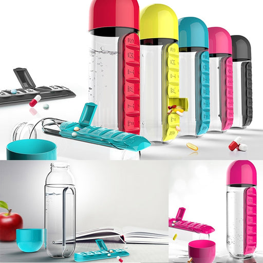 Botella de agua de 600 ml con pastillero, botella de plástico para bebidas con caja de pastillas para medicamentos, contenedor para bebidas, organizador de medicamentos de 7 días de viaje