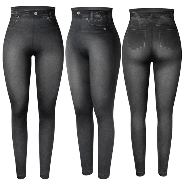 Mujeres, Jeggings, Falso, Dril de algodón, Jeans, Leggings, Alto, Cintura, Barriga, Control, Delgado, Leggins, Impreso, Lápiz, Pantalones, Sin costuras, Flaco, Pantalones