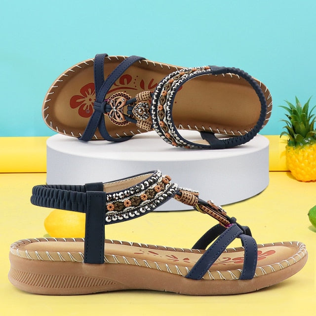 Sandalias Retro para mujer, zapatos de costura con estampado de flores a la moda, sandalias de verano con diseño de diamantes de imitación, sandalias con banda elástica de plataforma suave