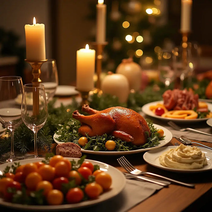 Cena de Navidad decorada con platos tradicionales como pavo asado, ensaladas y postres festivos.