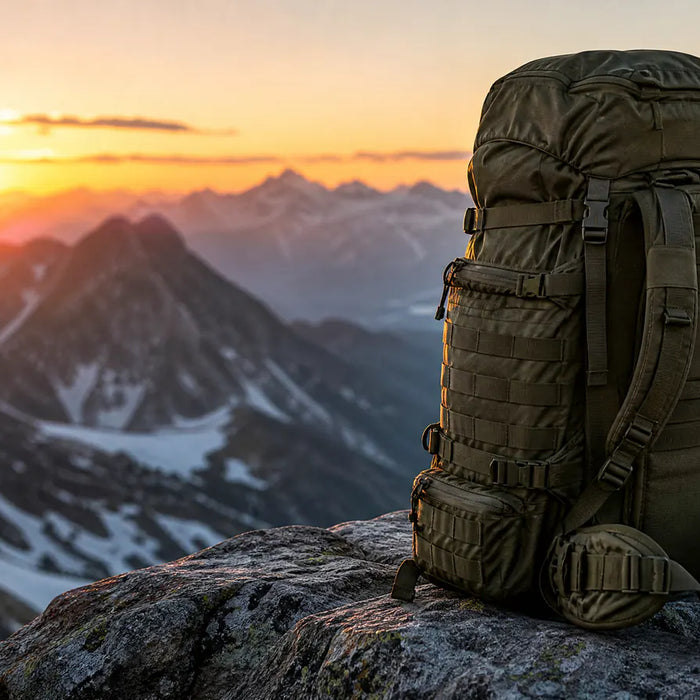 Mochila de senderismo técnica en paisaje de montaña