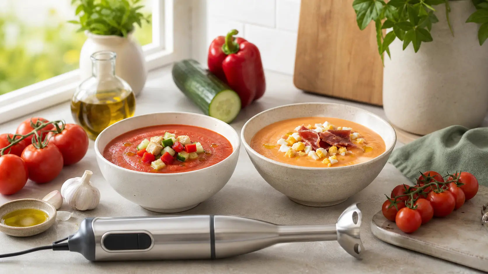 Gazpacho y salmorejo caseros preparados con batidora de mano e ingredientes frescos.