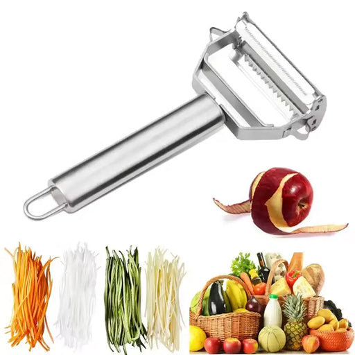 Pelador, rallador y espiralizador 3 en 1 de acero inoxidable con diseño ergonómico, ideal para pelar frutas, rallar vegetales y hacer espirales de papa fácilmente.