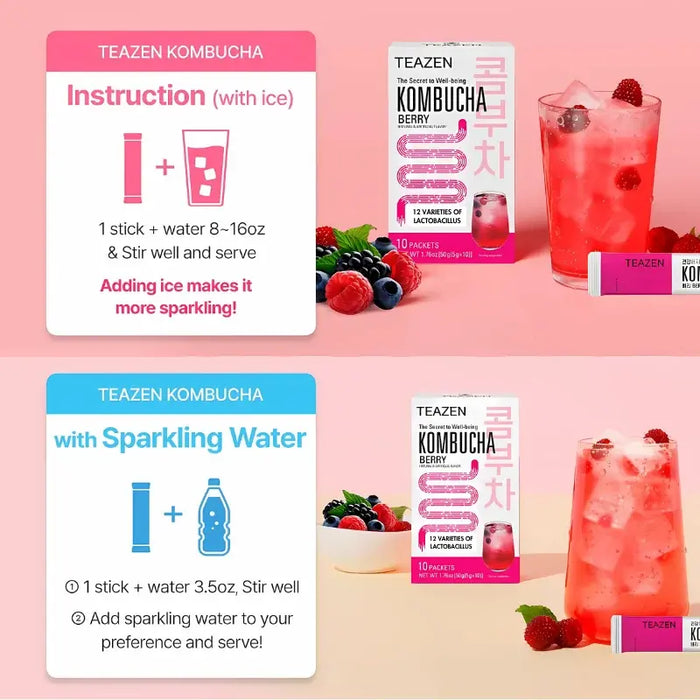 TEAZEN Kombucha Berry – Koreanischer Fermentierte Tee mit Probiotika, zuckerfrei und kalorienarm
