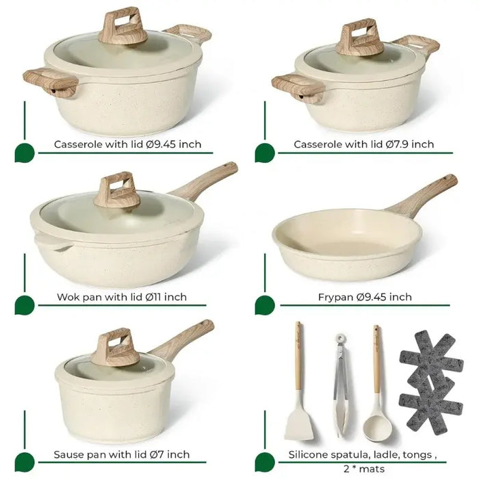 Just Perfecto 14-teiliges Granit-Kochgeschirr – Beige Antihaftbeschichtung mit Deckeln