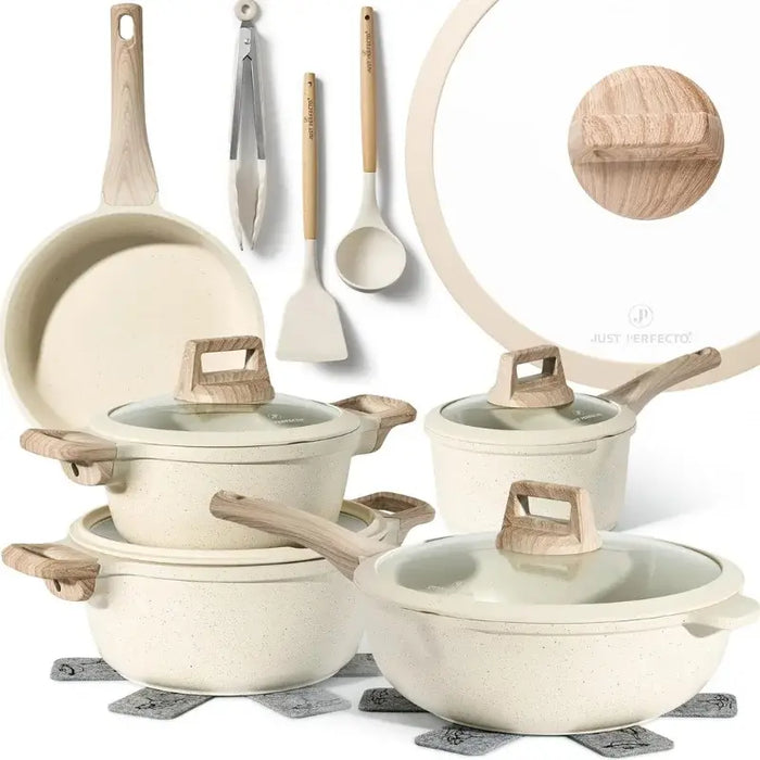 Just Perfecto 14-teiliges Granit-Kochgeschirr – Beige Antihaftbeschichtung mit Deckeln