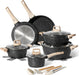 Batería de Cocina Granito 15 Piezas Just Perfecto – Negro con Asas Madera y Tapas